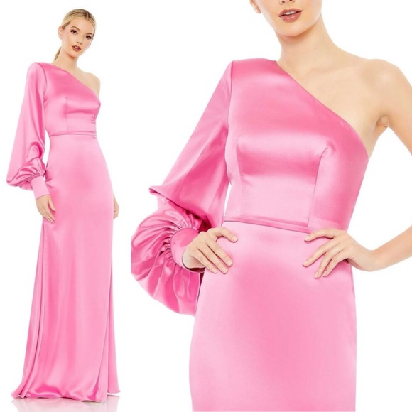 IEENA FOR MAC DUGGAL 26712 One Shoulder Bishop Sleeve Trumpet Gown Pink 0 NEW - Picture 1 of 10